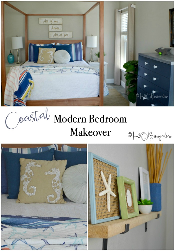 I'm so excited to share my modern coastal bedroom makeover with you guys today!  It's actually more of a redecorating bedroom refresh than a full blown makeover.  But, by changing the color palette,  adding a huge scrumptiously textured area rug and and few creative decor pieces it has the look of a whole new room.  This modern coastal bedroom makeover is fresh and contemporary while being warm and inviting.  Which is everything I'd want in a bedroom retreat.