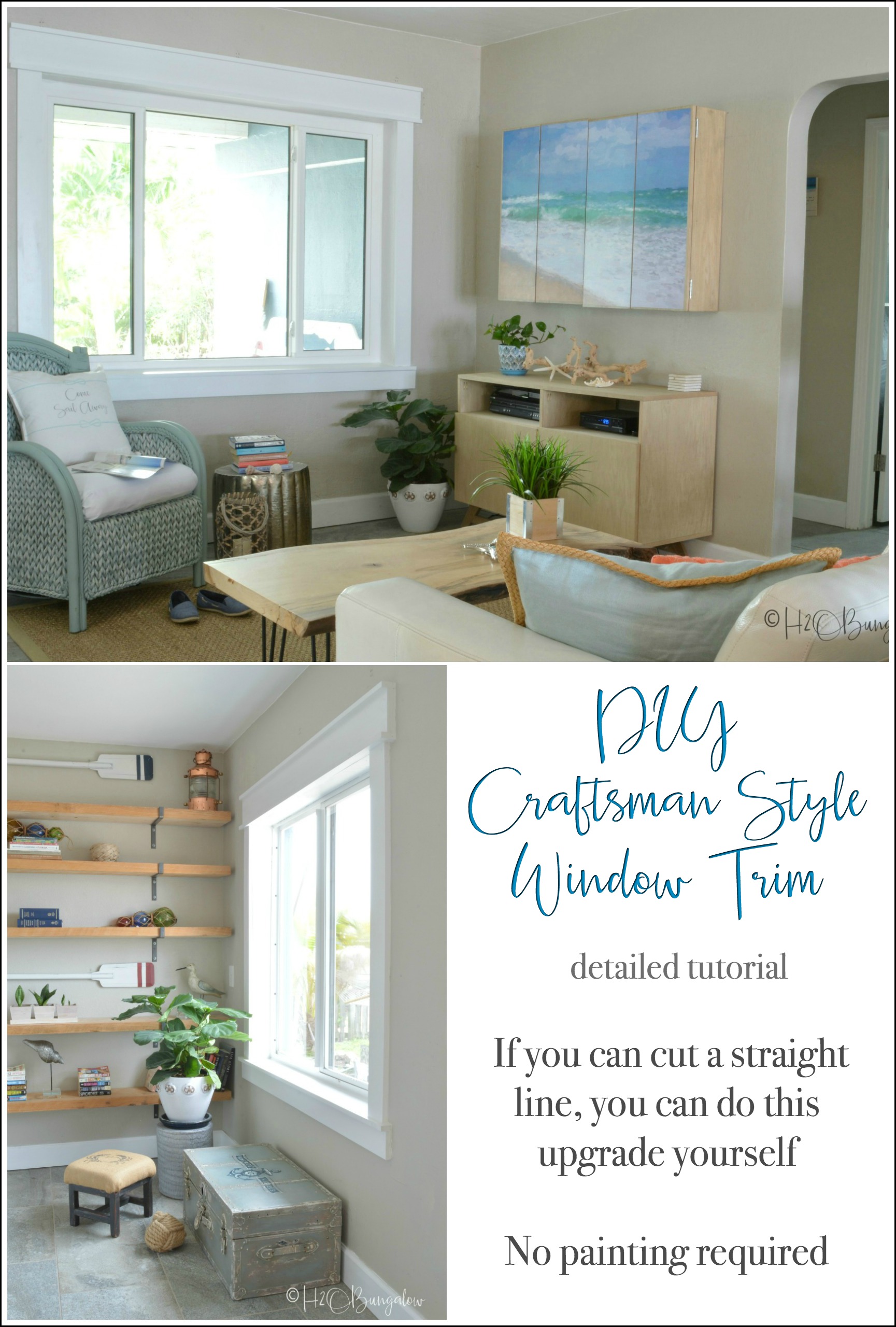 DIY craftsman style window trim tutorial for newbies. If you can cut a straight line, you can build window casings! No fancy cuts in this step by step guide to build craftsman style window casing trim. Use Finished Elegance prefinished boards and you don't need to paint! Includes time saving tips for installing window trim