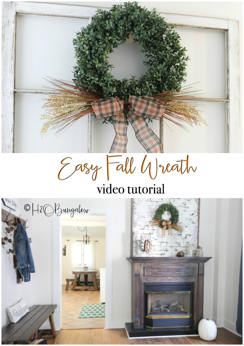 Make this easy fall boxwood wreath with my simple 5 minute video tutorial. Quick and pretty fall decor for a front door, mantel or wall. 