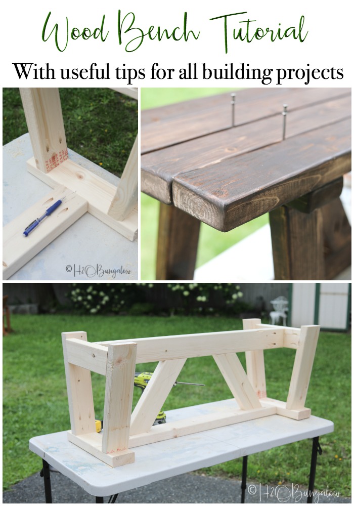 DIY rustic modern bench tutorial with extra woodworking tips for using plans to build a sturdy wood bench. Great bench design for contemporary or farmhouse. 