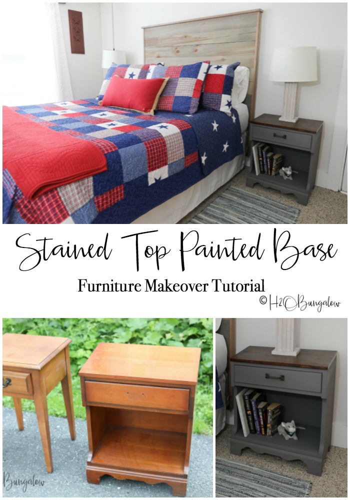 Try this stained top painted base furniture makeover on outdated furniture like this pair of nightstands. A two toned makeover gave them a contemporary and coordinated look in this rustic bedroom.