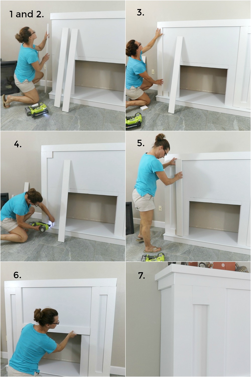 Adding craftsman style trim to DIY fireplace with electric insert collage of six