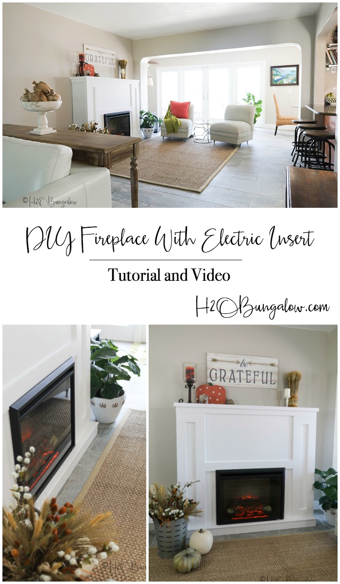 Beautiful living room with DIY fireplace with electric insert collage of three pin image.