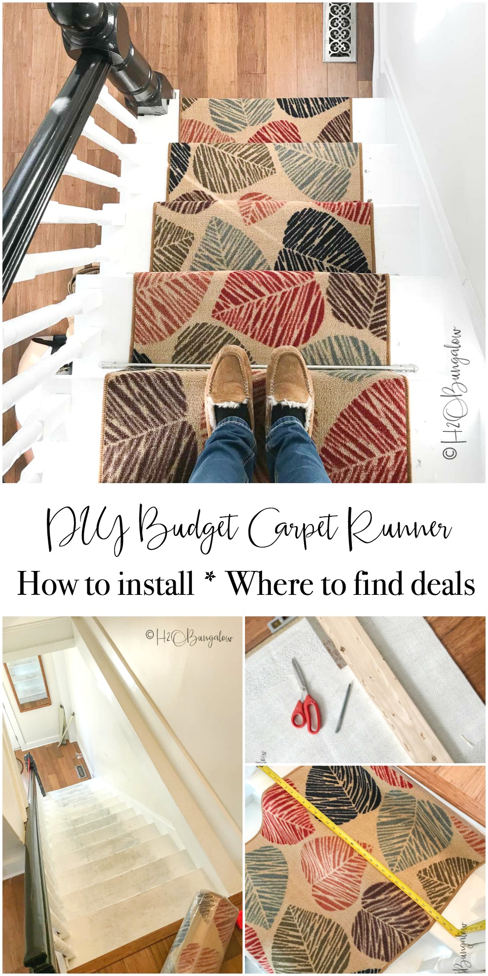 DIY Tutorial on how to install carpet runner on stairs and wood steps with or without adding stair rods.  Links to find quality material at budget prices too
