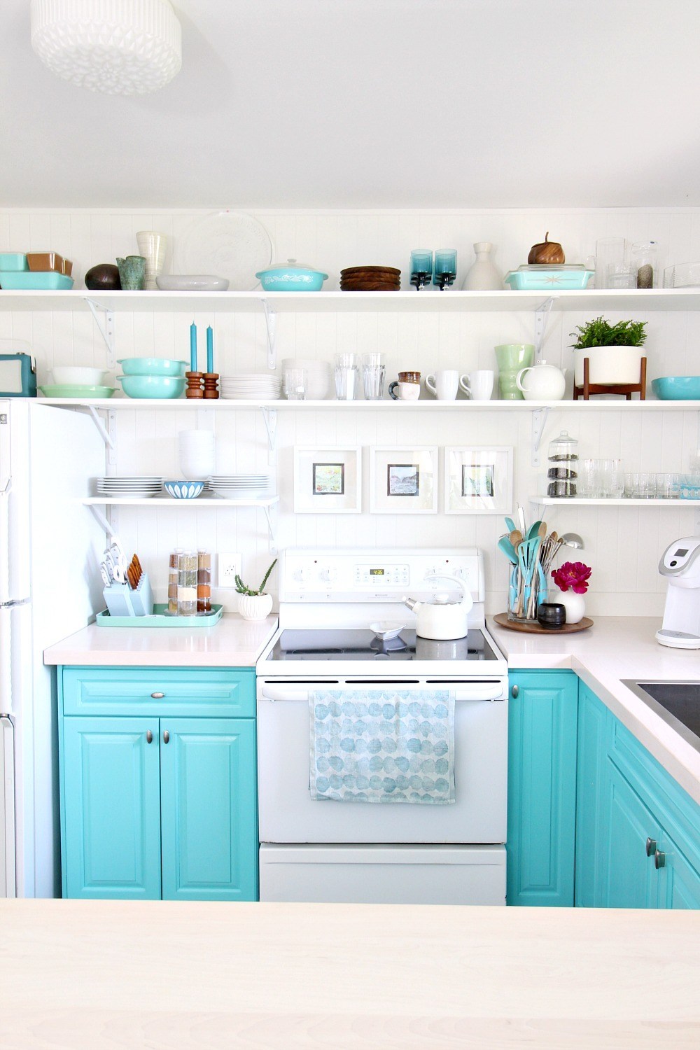 A Budget-Friendly Kitchen Makeover with Turquoise Cabinets & Open Shelving