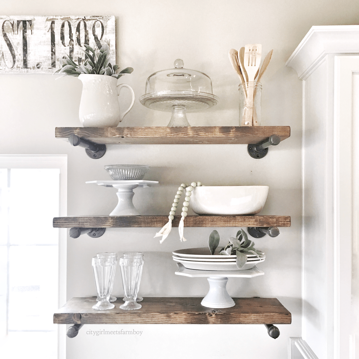 Rustic open kitchen shelves