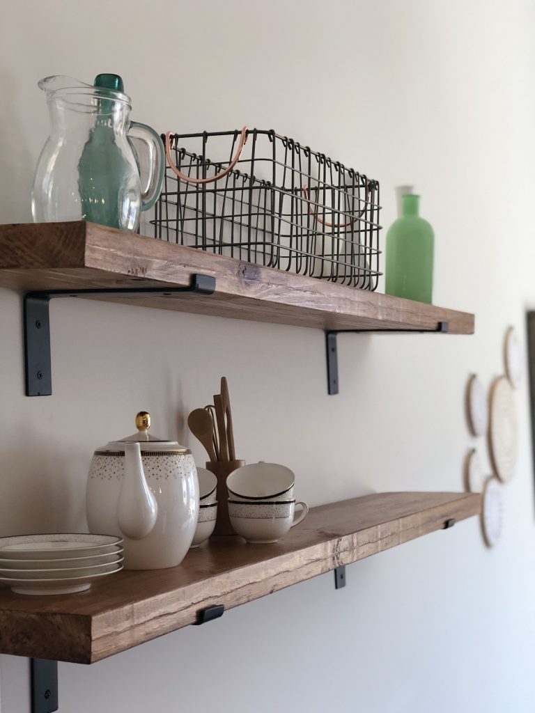 Reclaimed wood rustic open kitchen shelves