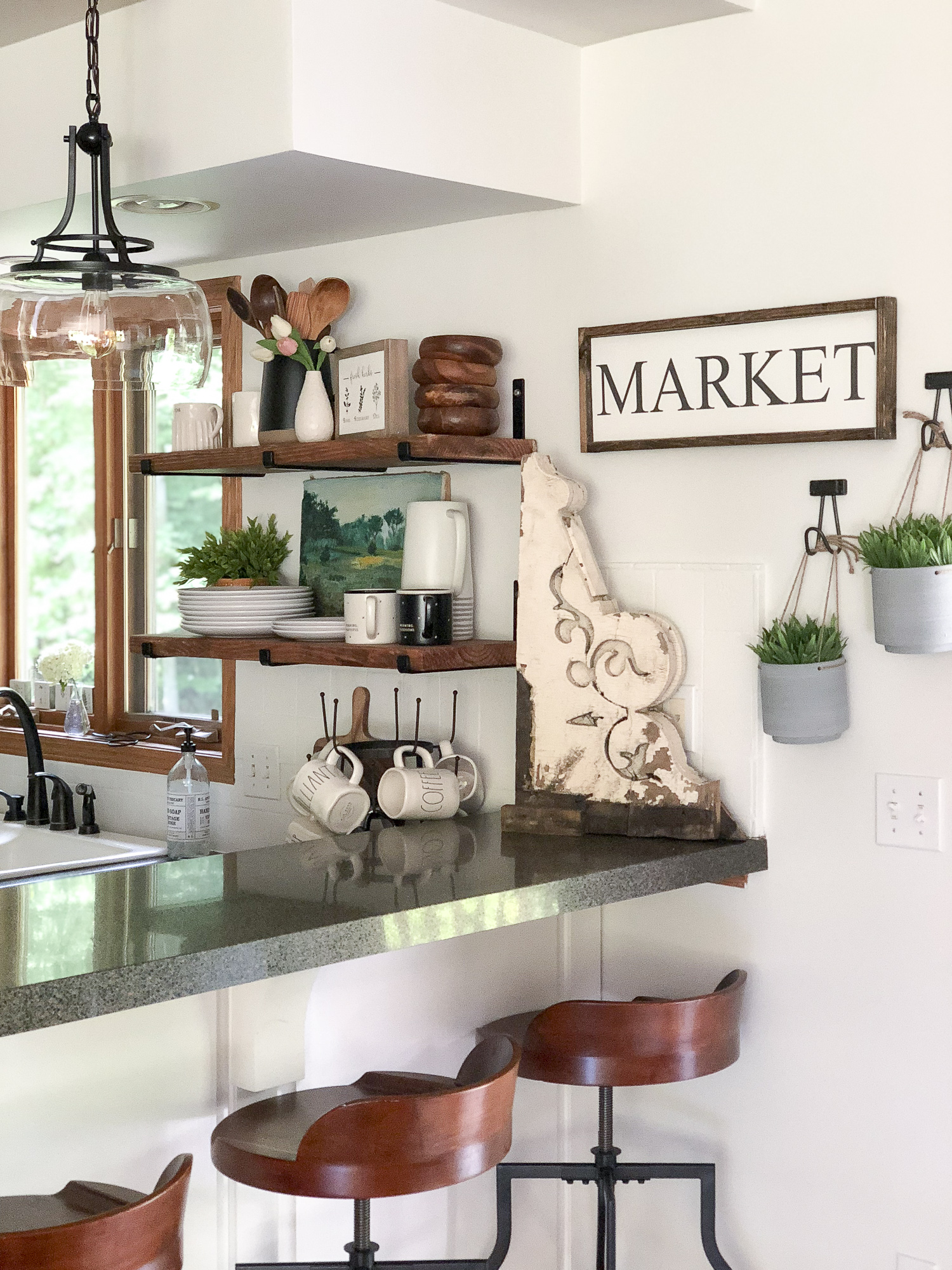 open shelving in rustic modern kitchen 