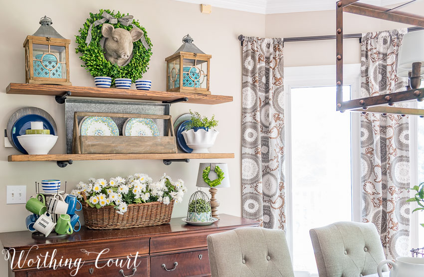 open kitchen shelving with iron pipes 