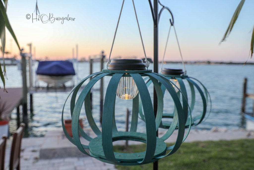 hanging solar lanterns at sunset