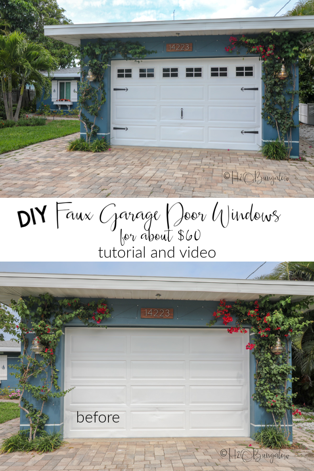 how to add DIY faux garage door windows to your own plain garage door. Tutorial and video with links to supplies #curbappeal #garagedoor #outdoordecor