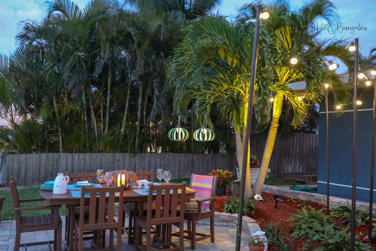 backyard with string lights at night