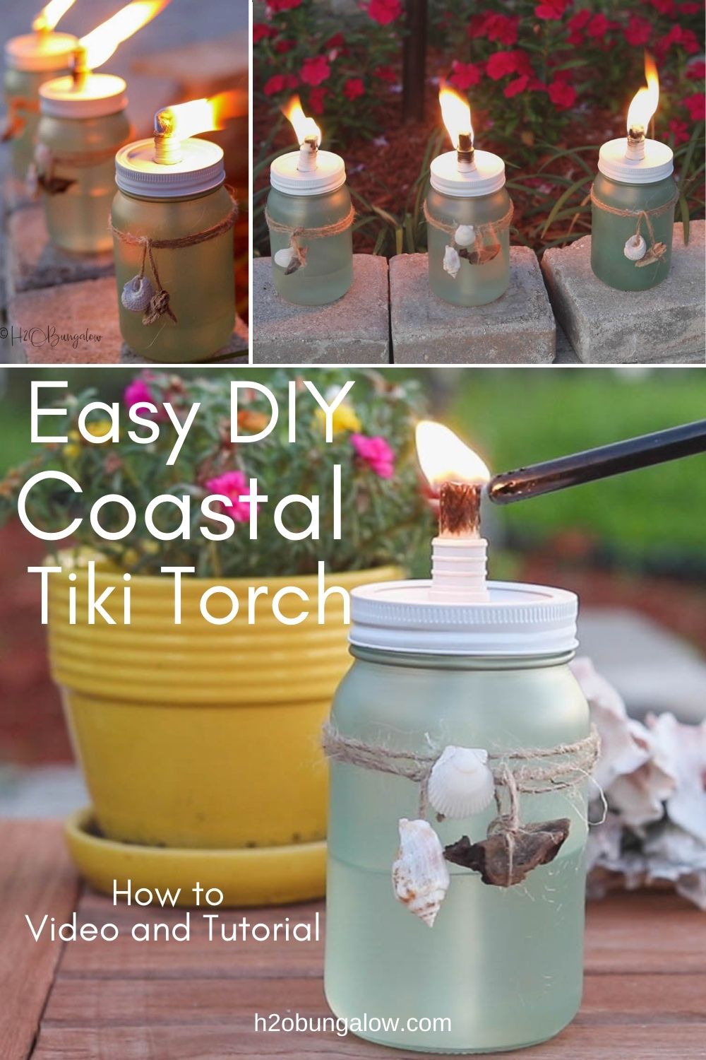 image collage of DIY tiki torches with text overlay "Easy DIY Tiki Torch" video and tutorial