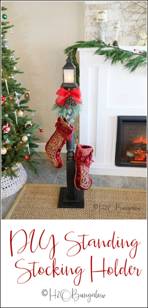 Make this DIY stocking holder stand. A freestanding stocking holder is a great way to hang Christmas stockings you don't have a fireplace mantle to hang them on. #christmasdecor #stockingholder 