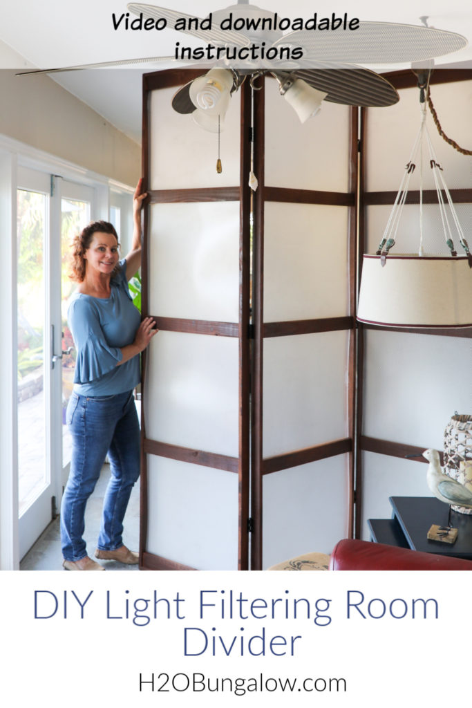 Video tutorial and download free plans to make a folding screen room divider with light filtering hinged panels. Use as privacy screen or home decor.