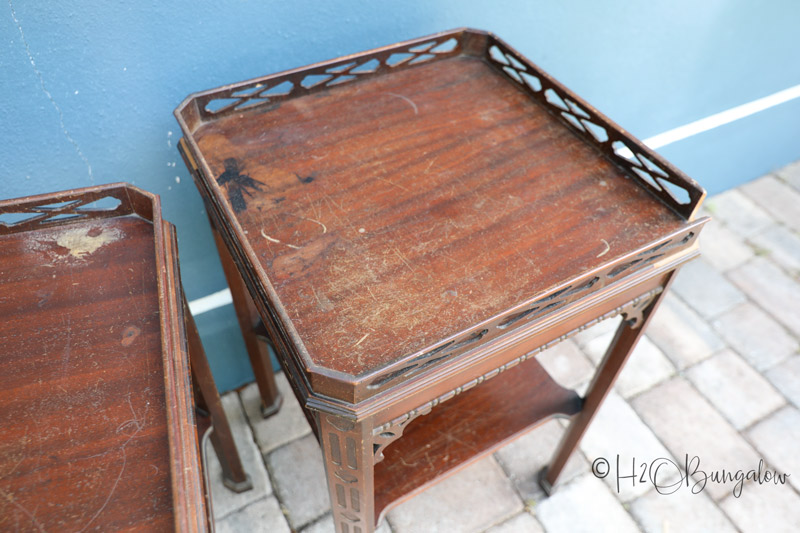 Vintage tables before painting over dark stained wood 