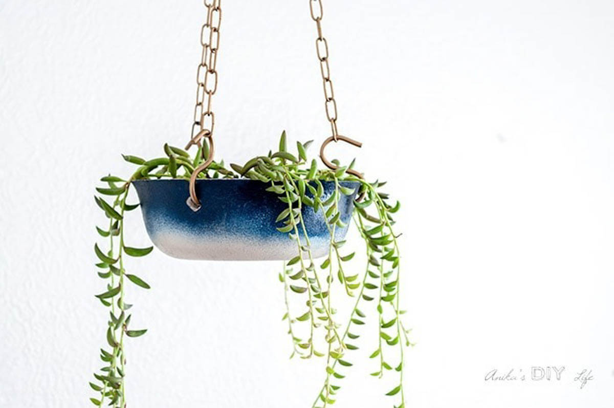 concrete hanging planter with ombre paint color in blue
