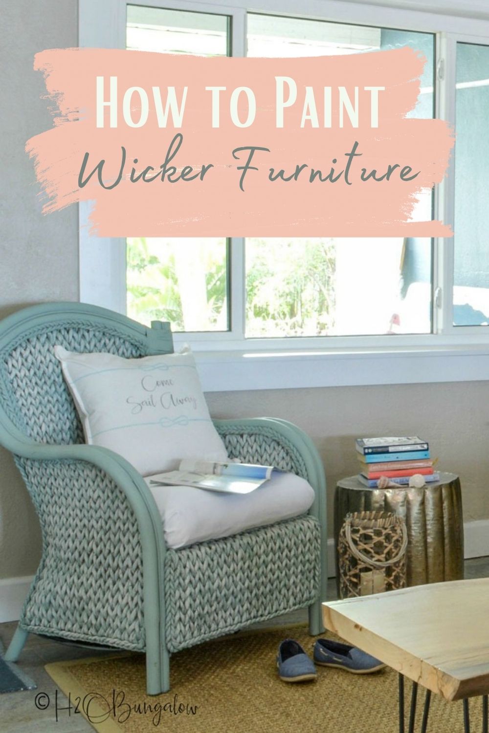 painted wicker chair in living room next to a window