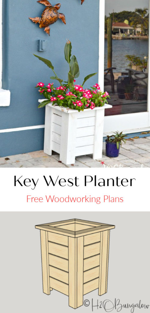 Wooden planter box plans in a pdf to download free. It's easy to modify the height or width of this Key West Style DIY wood planter to fit your space. #freewoodworkingplans #woodplanter #gardening