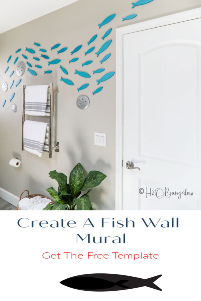 How to make a school of fish wall decor with wooden cutout fish and a free set of free fish templates in different sizes with tips to place them on the wall #fishdecor #coastaldecor #beachstyle #H2OBungalow 