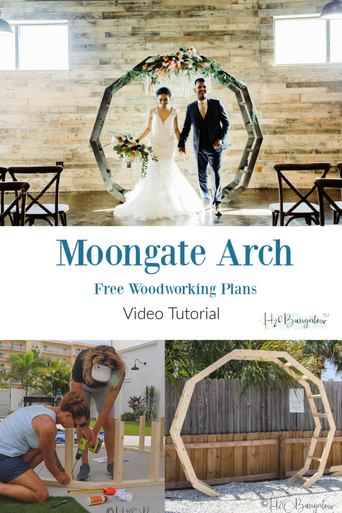 How to make a DIY moon gate arch for wedding or garden. Make trendy wedding decor for less than $50 get the wedding arch plans, watch the video, make the moongate arch! #weddingdecor #backyarddecor #DIYwedding #moongate