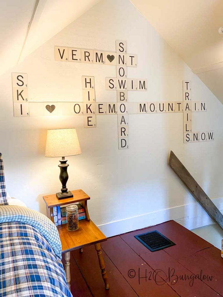 Large Scrabble wall art in Vermont with ski season and winter words