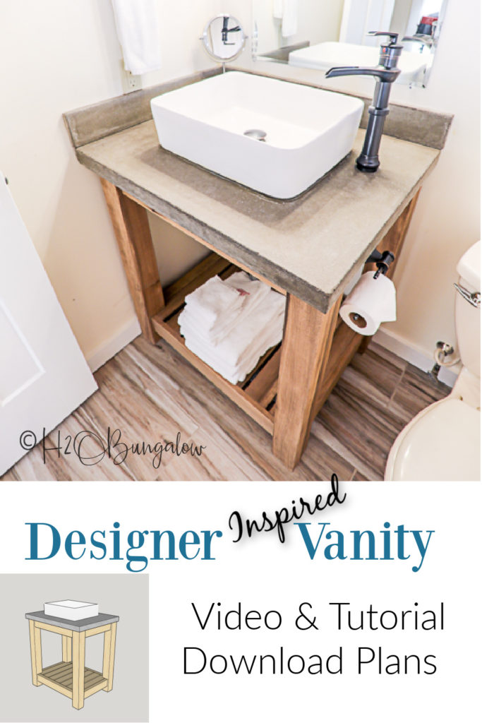 Knockoff bathroom vanity plans with how to build a vanity video tutorial. Easily build this single vanity and add a concrete vanity top.