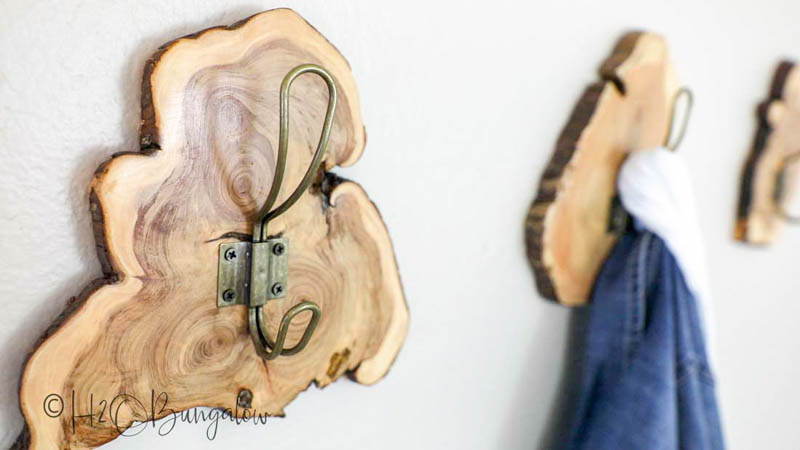 Wood coat racks with hooks made from live edge tree slices
