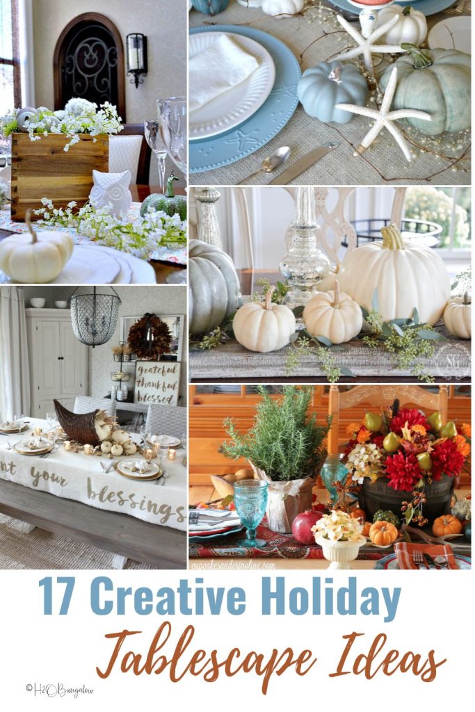 collage of holiday tablescapes with text 12 holiday tablescape ideas to inspire you