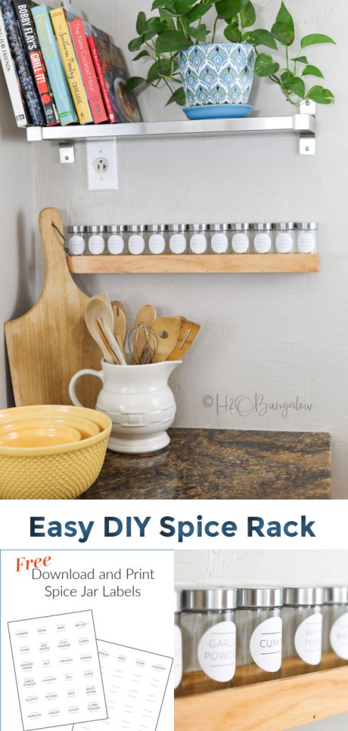 Make this simple modern DIY wood spice rack to fit any size spice jars or wall decor download my free spice jar labels printable. Easy woodworking plans. #woodworkingplans #beginnerwoodworking #H2OBungalow