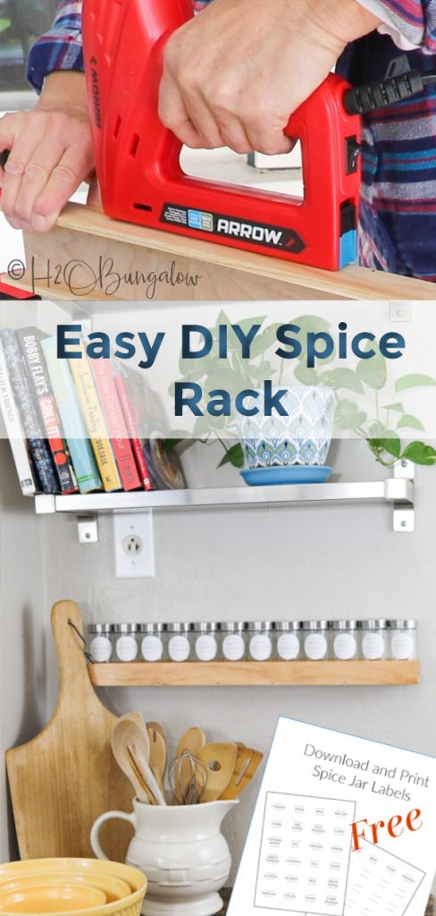 Make this simple modern DIY wood spice rack to fit any size spice jars or wall decor download my free spice jar labels printable. Easy woodworking plans. #woodworkingplans #beginnerwoodworking #H2OBungalow