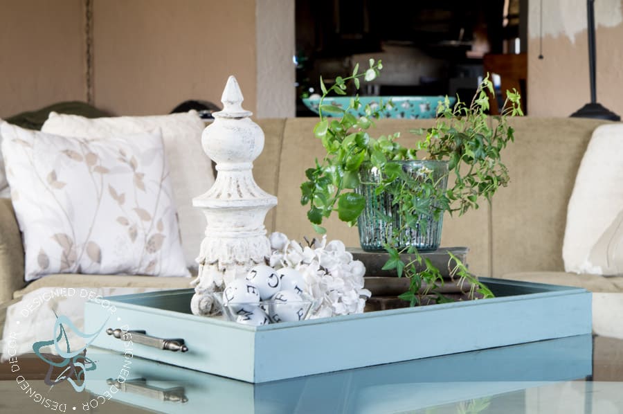 blue serving tray used as a centerpiece