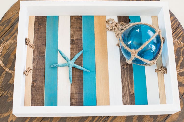 tray with turquoise and wood slats with jute handles