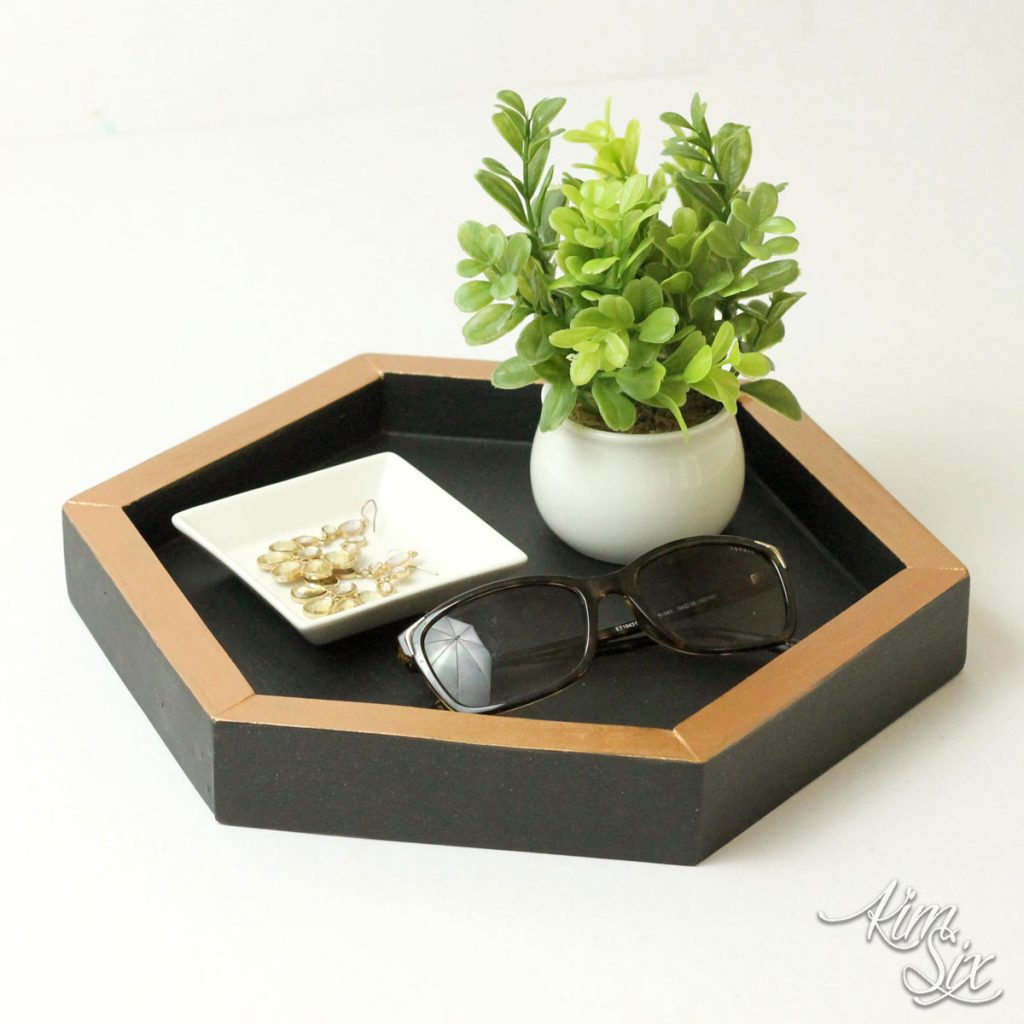 hexagon shaped tray with a plant and sunglasses