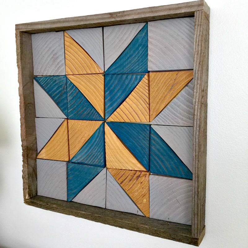 wood tray with blue and yellow star pattern