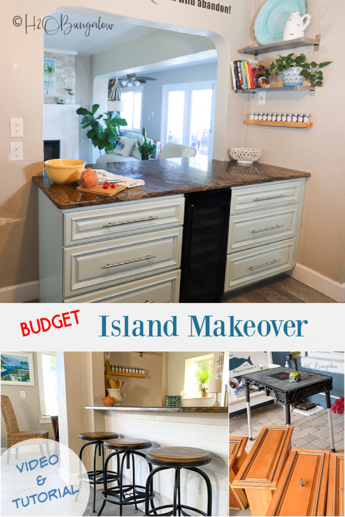 How to makeover a kitchen island: DIY tutorial and video on how to get a brand new look with paint, new trim and trendy hardware on a budget. 