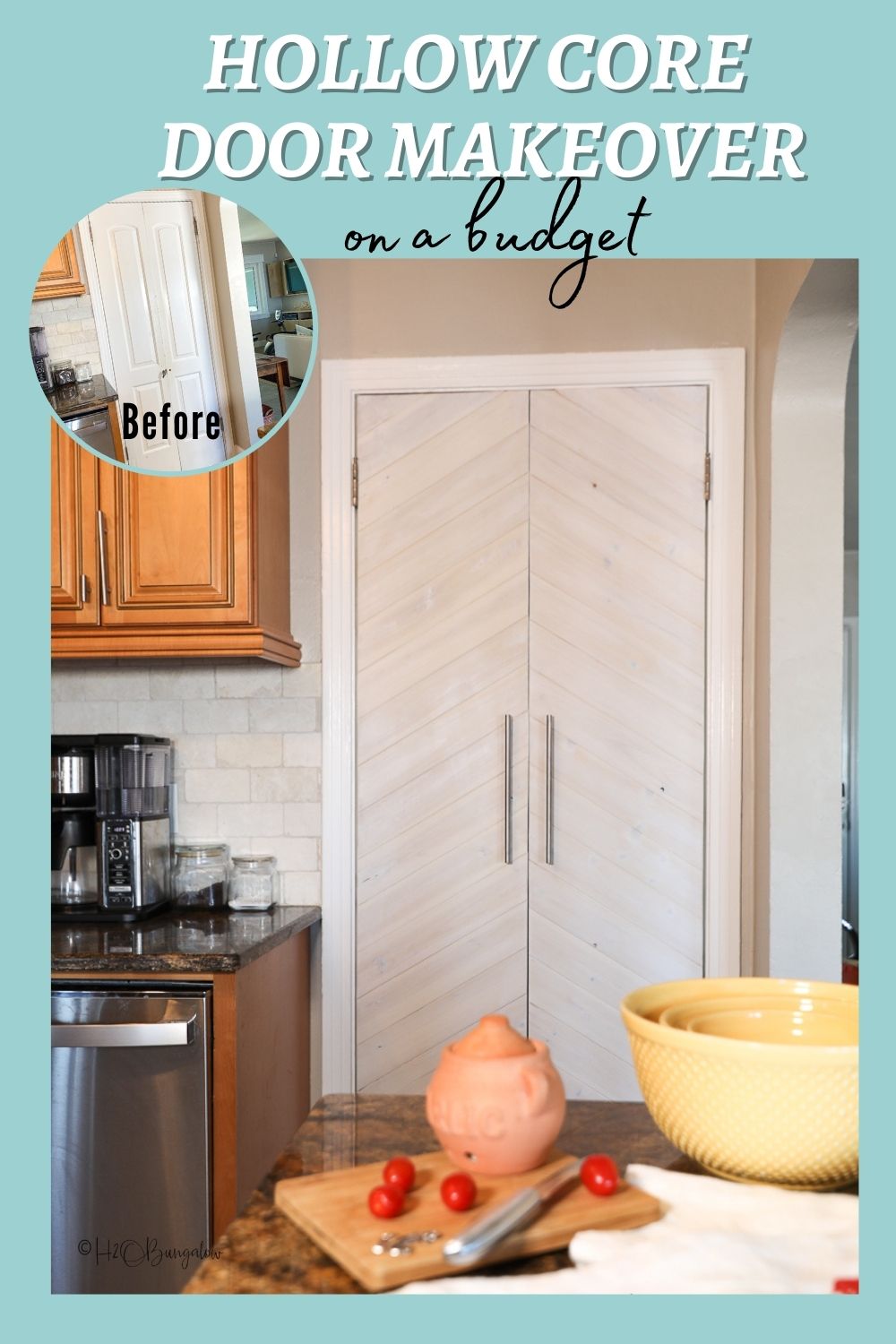 Before and after of pantry hollow core door makeover with text
