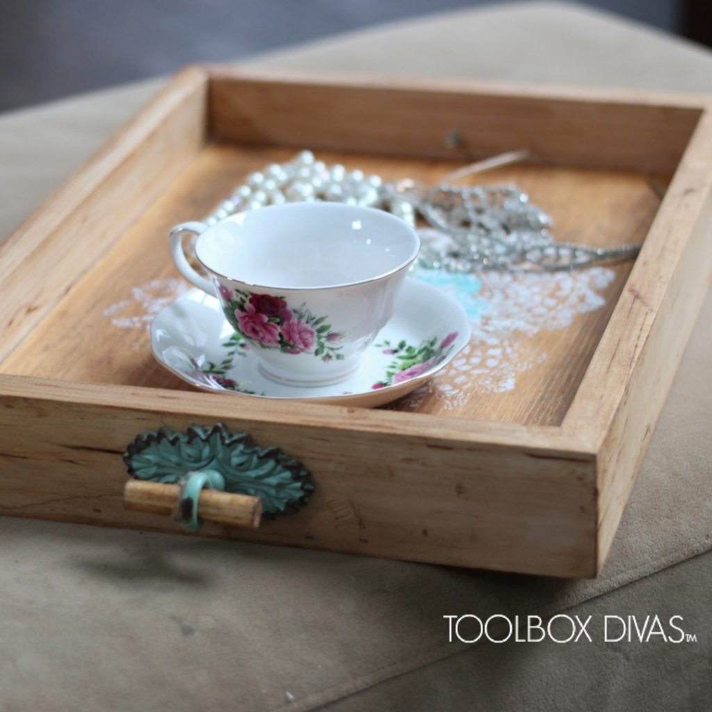 wood serving tray with vintage handles 