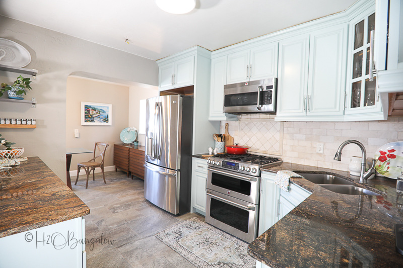 Coastal kitchen with blue painted cabinets