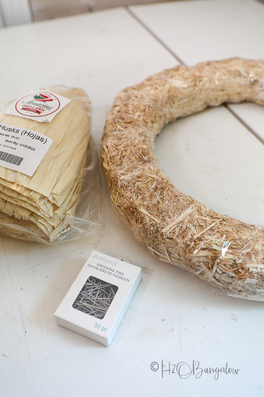 supplies needed to make a corn husk wreath for fall 