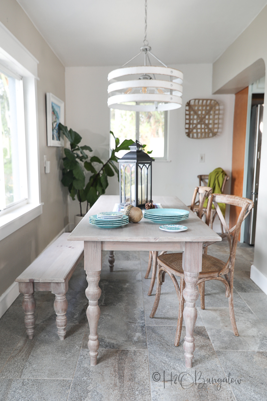 newly built table and bench in dining area 