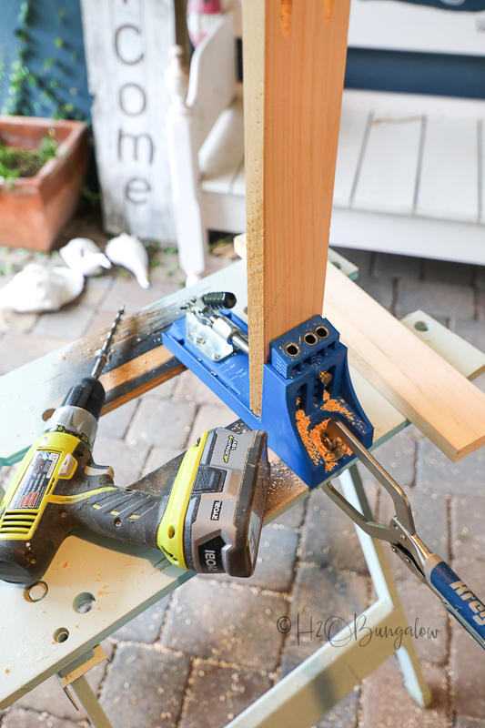 putting pocket holes in apron of DIY dining table 