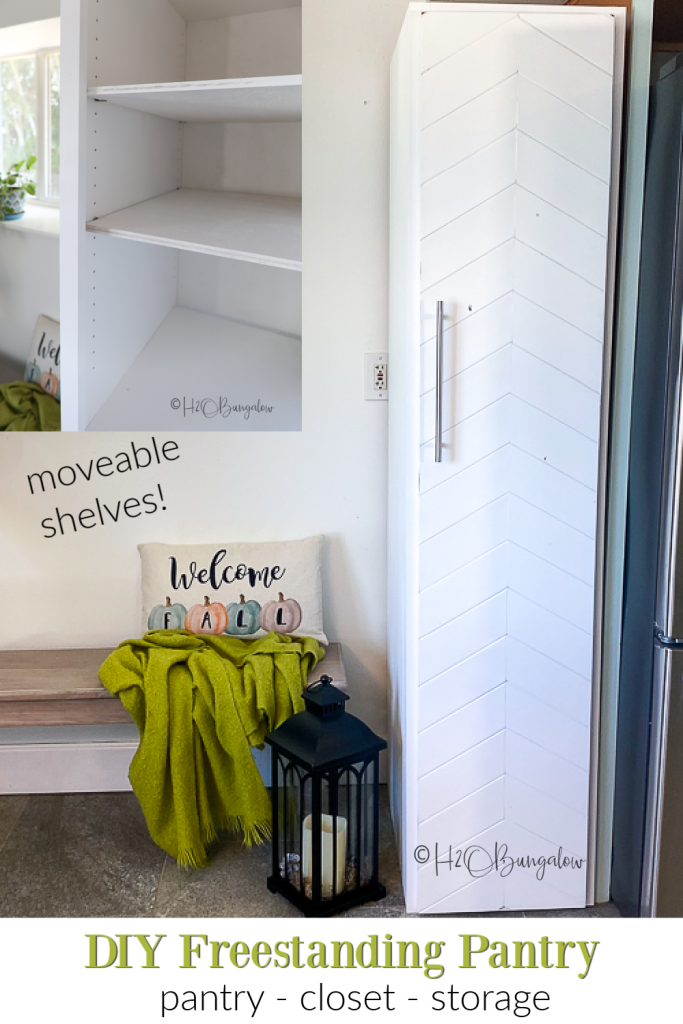 How to build a freestanding pantry, closet or storage cabinet with moveable shelves. Video and written tutorial. Easy plans to build a pantry closet.  Customize with a chevron door or furniture feet for a fancier look.    
