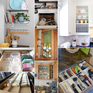 image collage of eight DIY kitchen organizing ideas