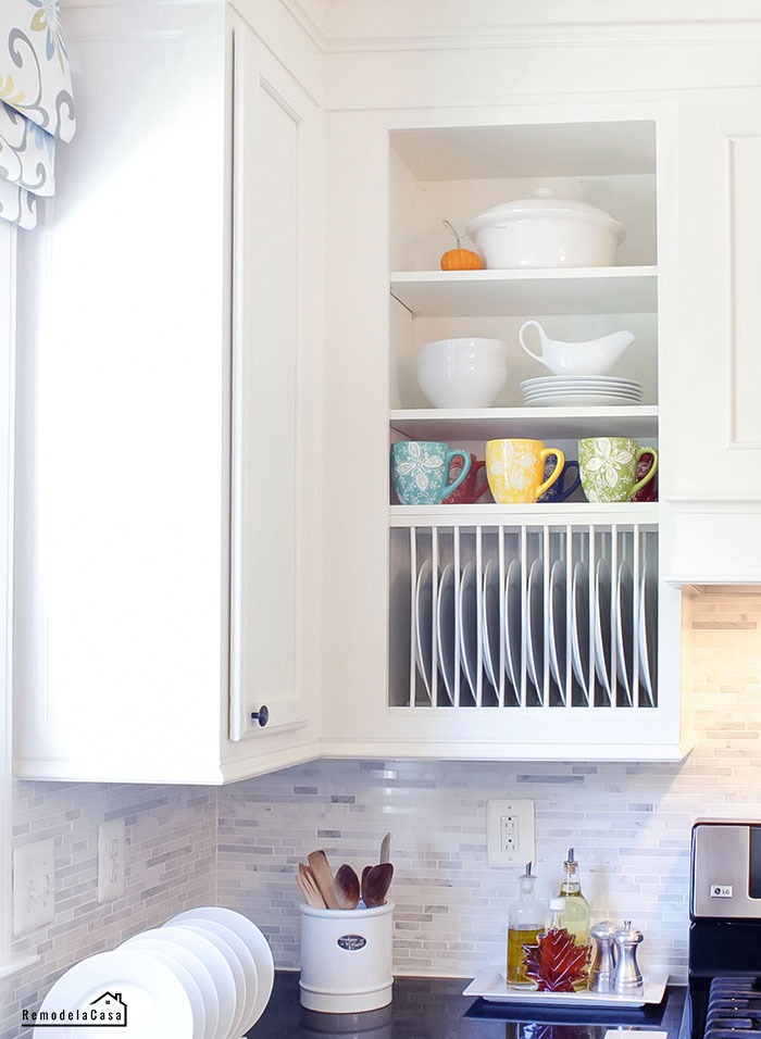 cabinet without door kitchen organizing idea using a DIY plate rack