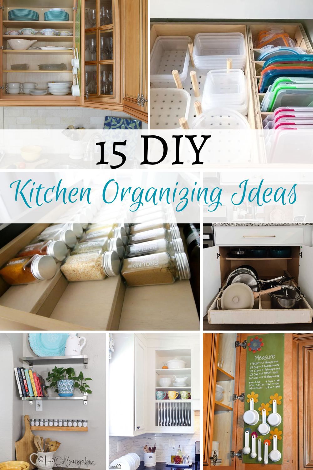 image collage of seven DIY kitchen organizing ideas with text overlay
